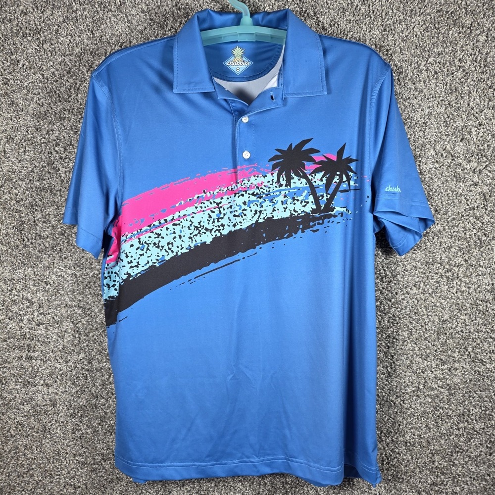 Chubbies Polo Shirt Mens Medium Blue Tropical Beach Golf Performance Resort